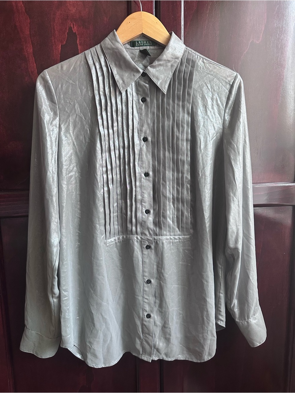 Lauren Ralph Lauren Metallic Silver Pleated Front Button-Down Shirt